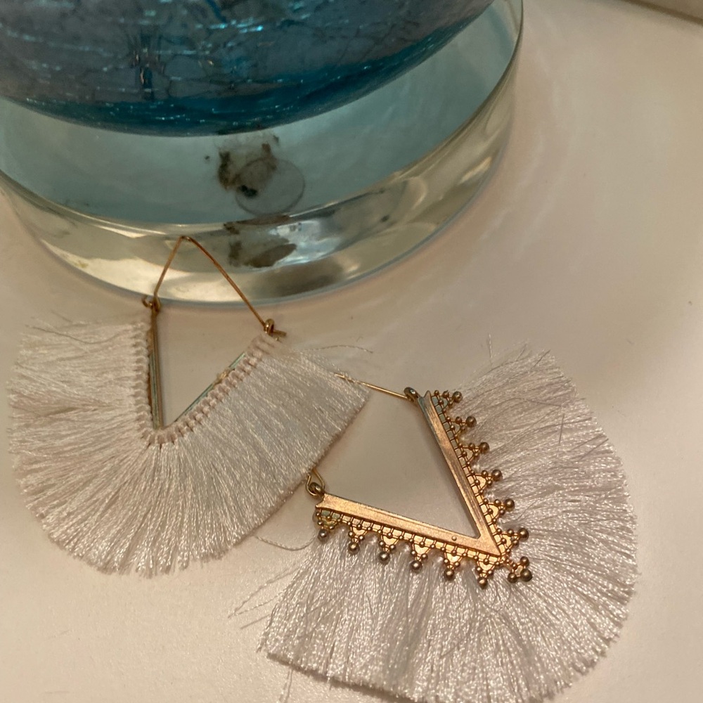 White Fringe Statement Earrings with Geometric Design